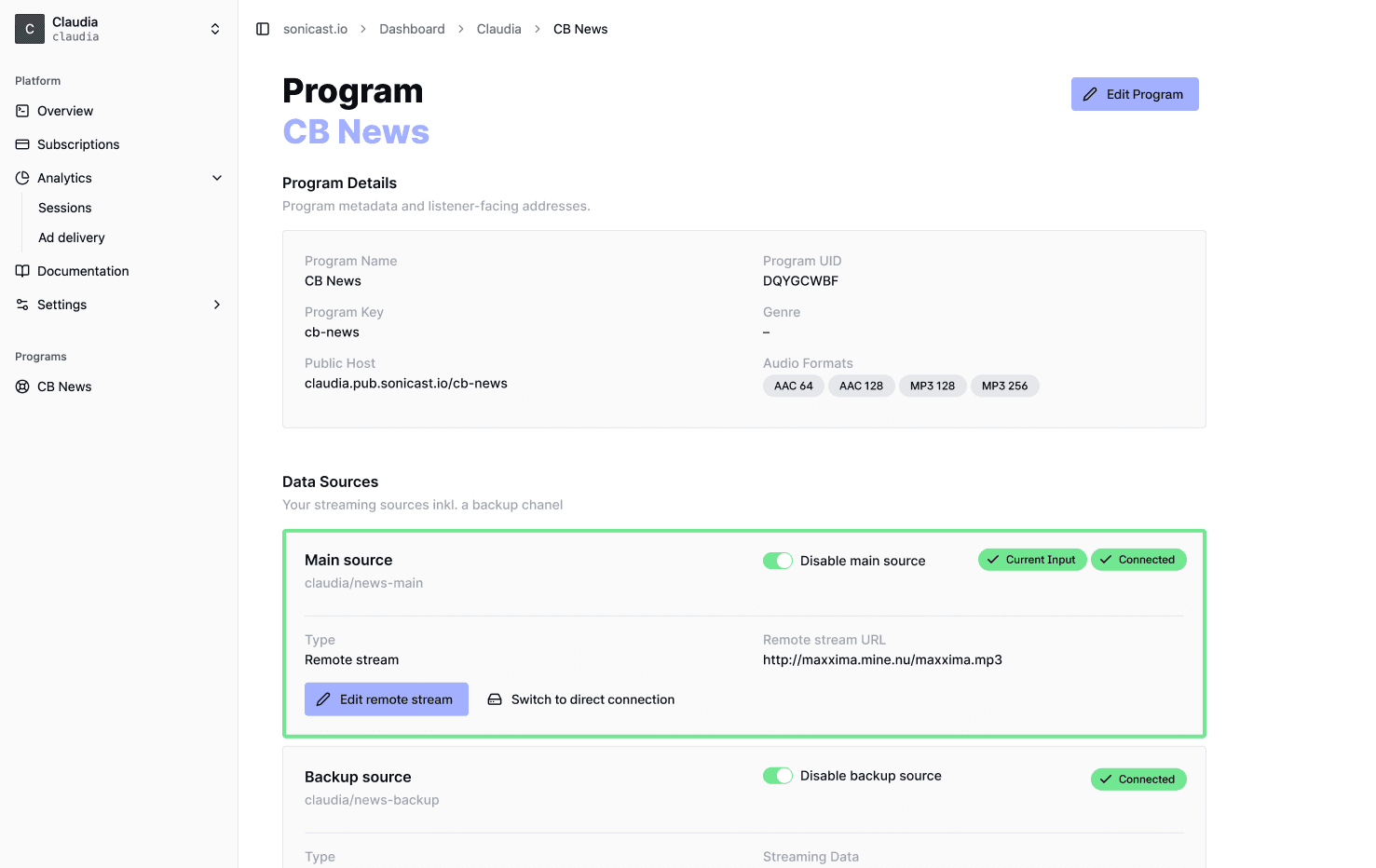 Sonicast dashboard